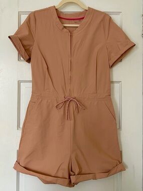 Activewear Short Sleeve Zip-Front One-Piece Romper - Dusty Rose